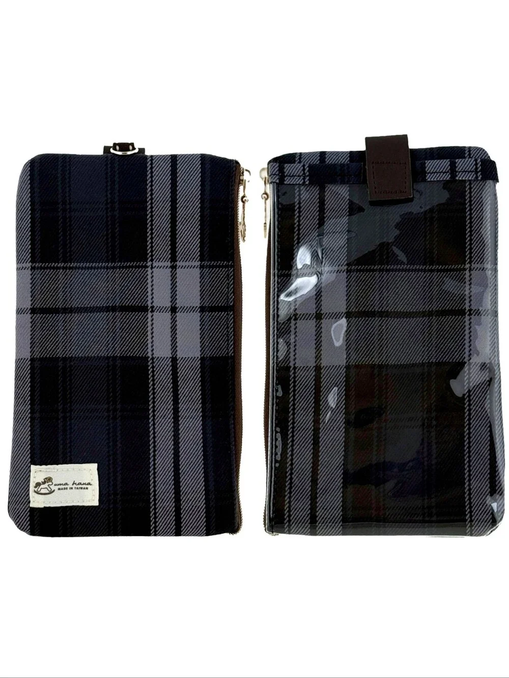 Waterproof Gray Plaid Phone Case Pouch W/ Neck Strap